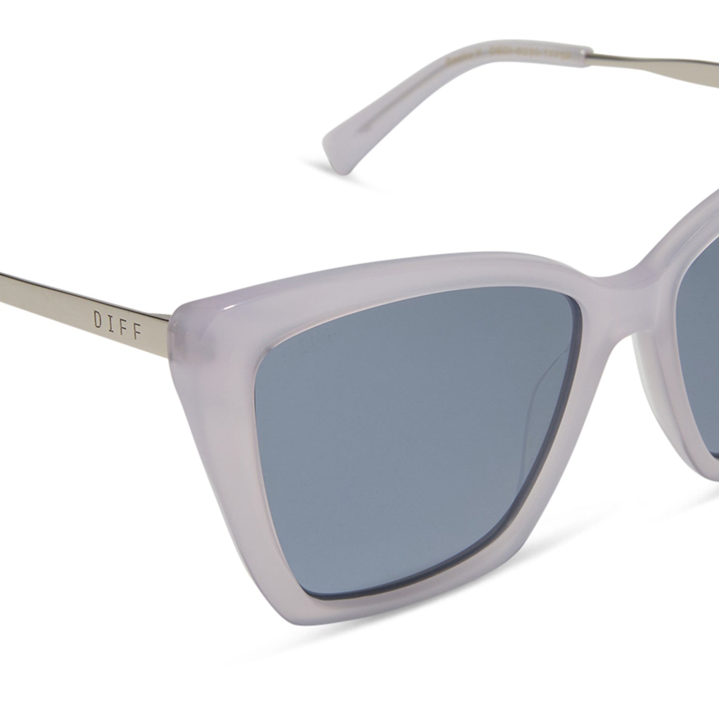 diff eyewear wholesale becky ii cat eye sunglasses with a thistle light purple frame and grey with silver flash lenses detailed view