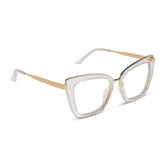 diff eyewear featuring the becky iv cat eye prescription glasses with a clear crystal with gold frame angled view
