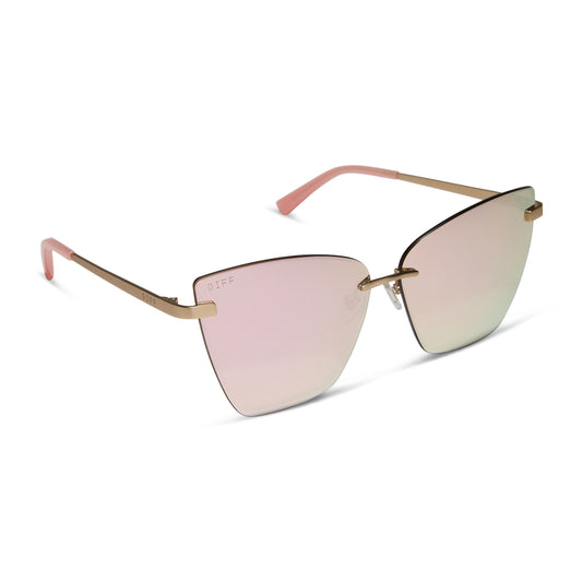 diff eyewear wholesale becky v cat eye sunglasses with a brushed gold frame and cherry blossom pink mirror lenses angled view