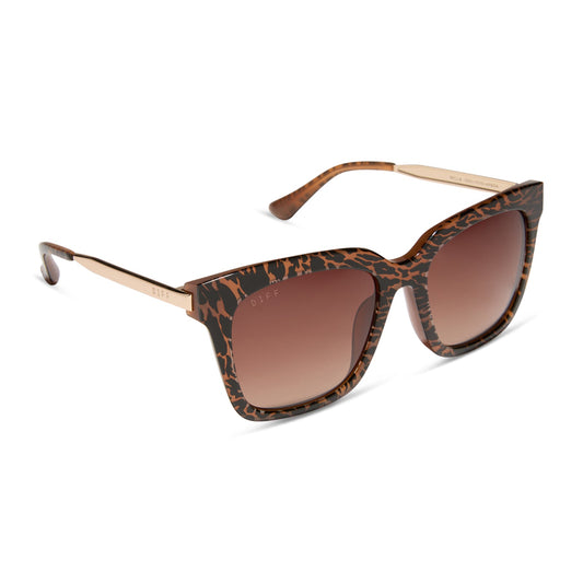 diff eyewear featuring the bella square sunglasses with a animal print frame and brown gradient lenses angled view