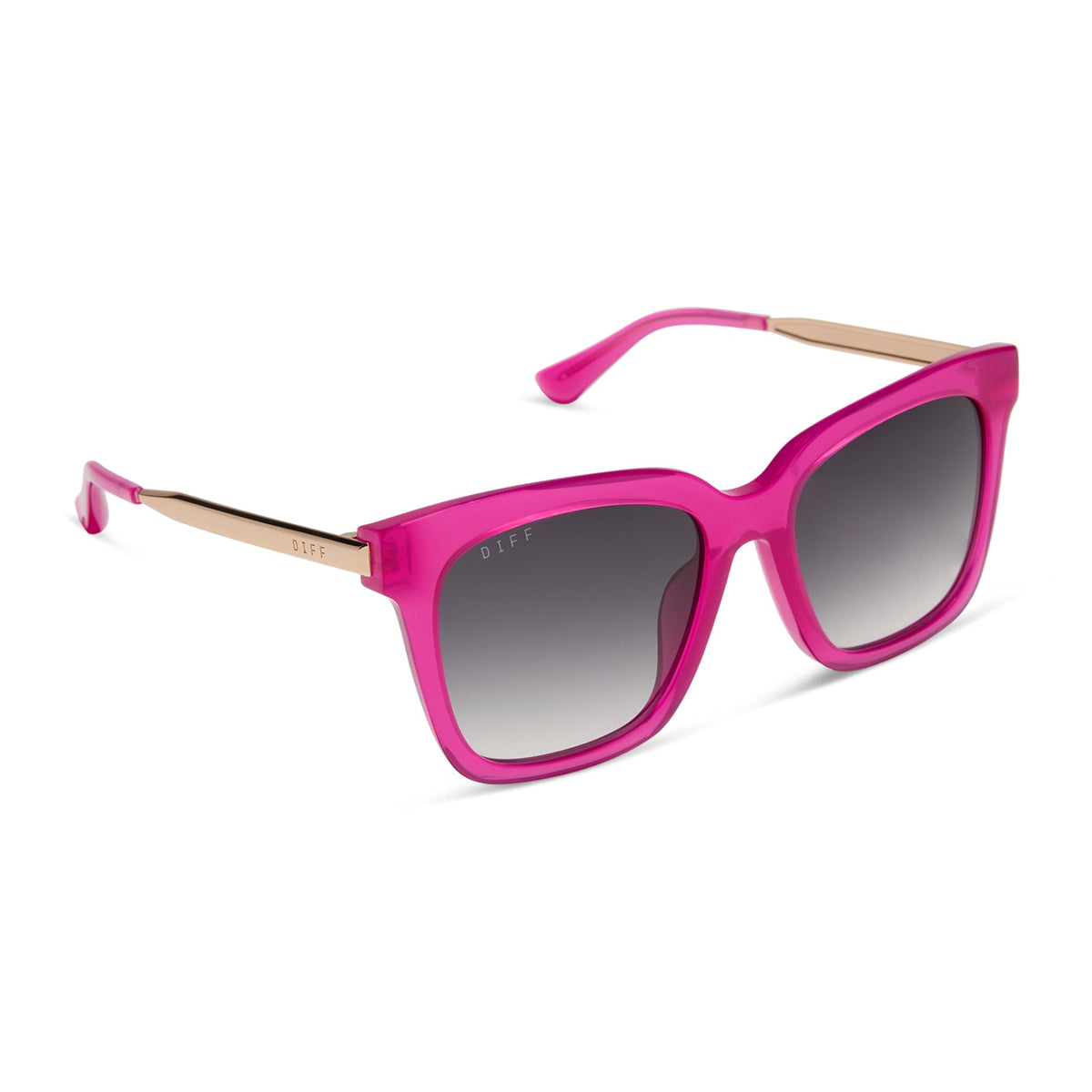 diff eyewear featuring the bella square sunglasses with a bright tulip with gold frame and grey gradient lenses angled view