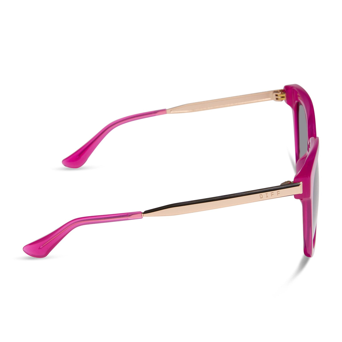 diff eyewear featuring the bella square sunglasses with a bright tulip with gold frame and grey gradient lenses side view