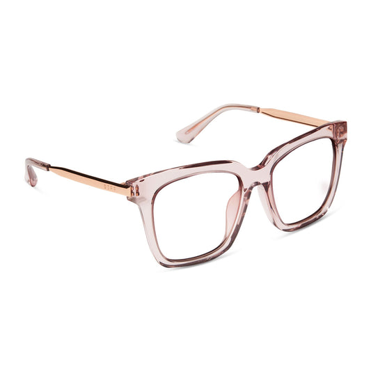 diff eyewear bella square glasses with a light pink crystal frame and prescription lenses angled view