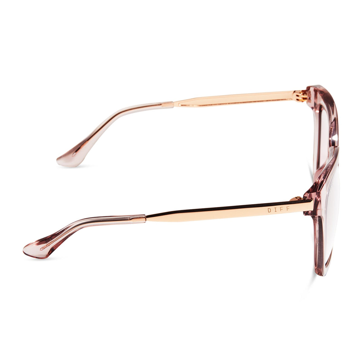 diff eyewear bella square glasses with a light pink crystal frame and prescription lenses side view