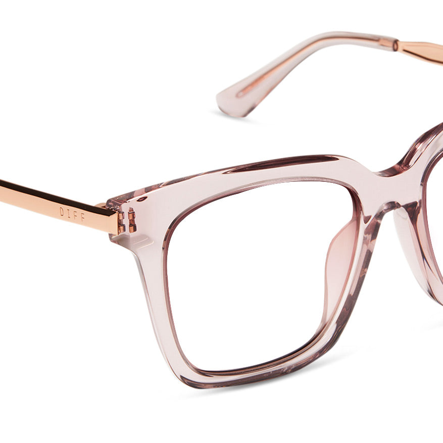 diff eyewear bella square glasses with a light pink crystal frame and prescription lenses detailed view