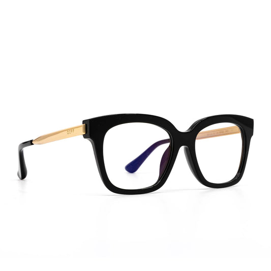 diff eyewear bella xs square glasses with a black acetate frame and prescription lenses angled view