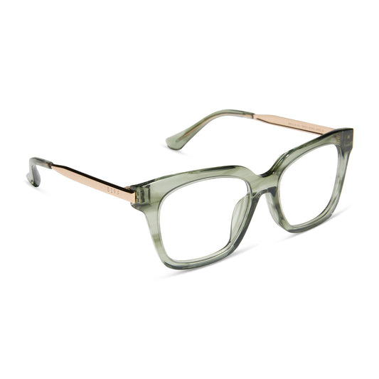 diff eyewear featuring the bella xs square prescription glasses with a cool matcha green frame angled view