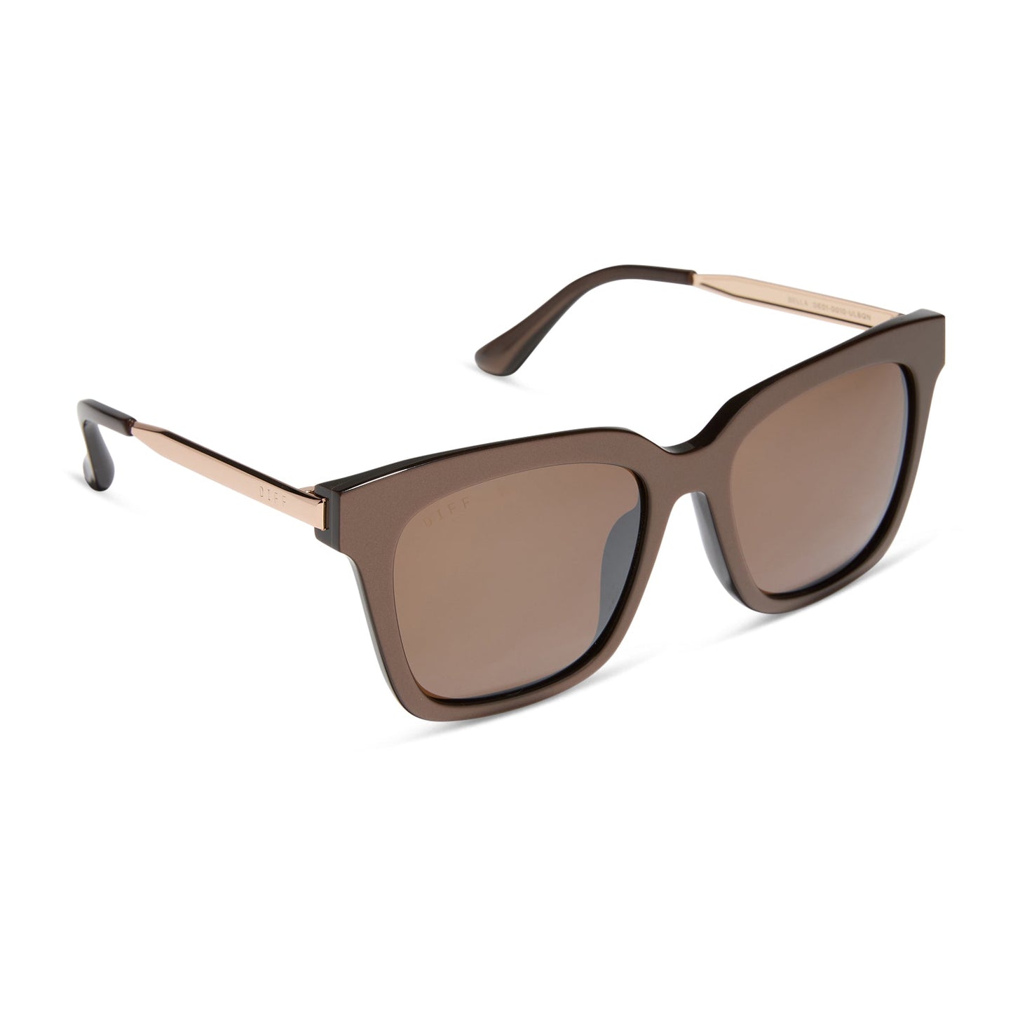 diff eyewear featuring the bella xs square sunglasses with a moscow mule brown opalescent frame and brown w/ gold flash lenses angled view