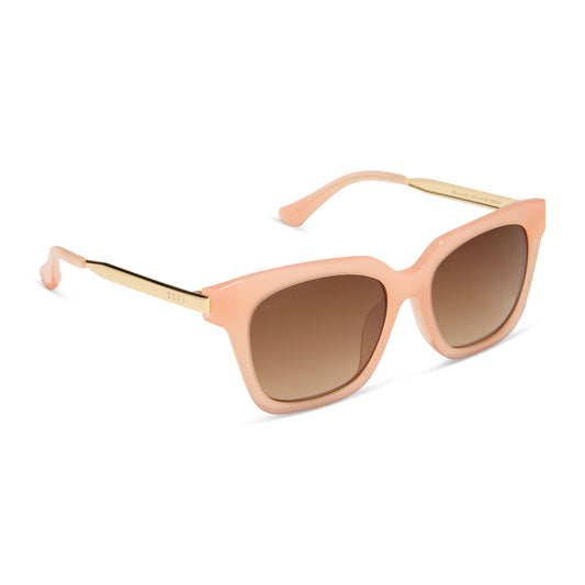 diff eyewear featuring the bella xs square sunglasses with a peach frame and brown polarized lenses angled view