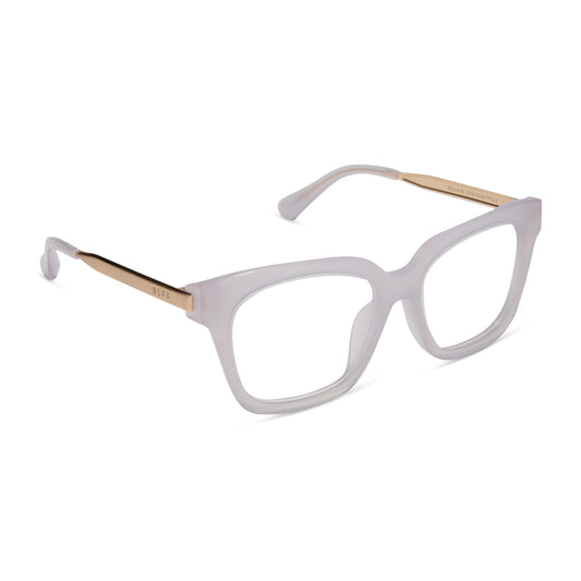 diff eyewear featuring the bella xs square prescription glasses with a thistle frame and gold temples angled view