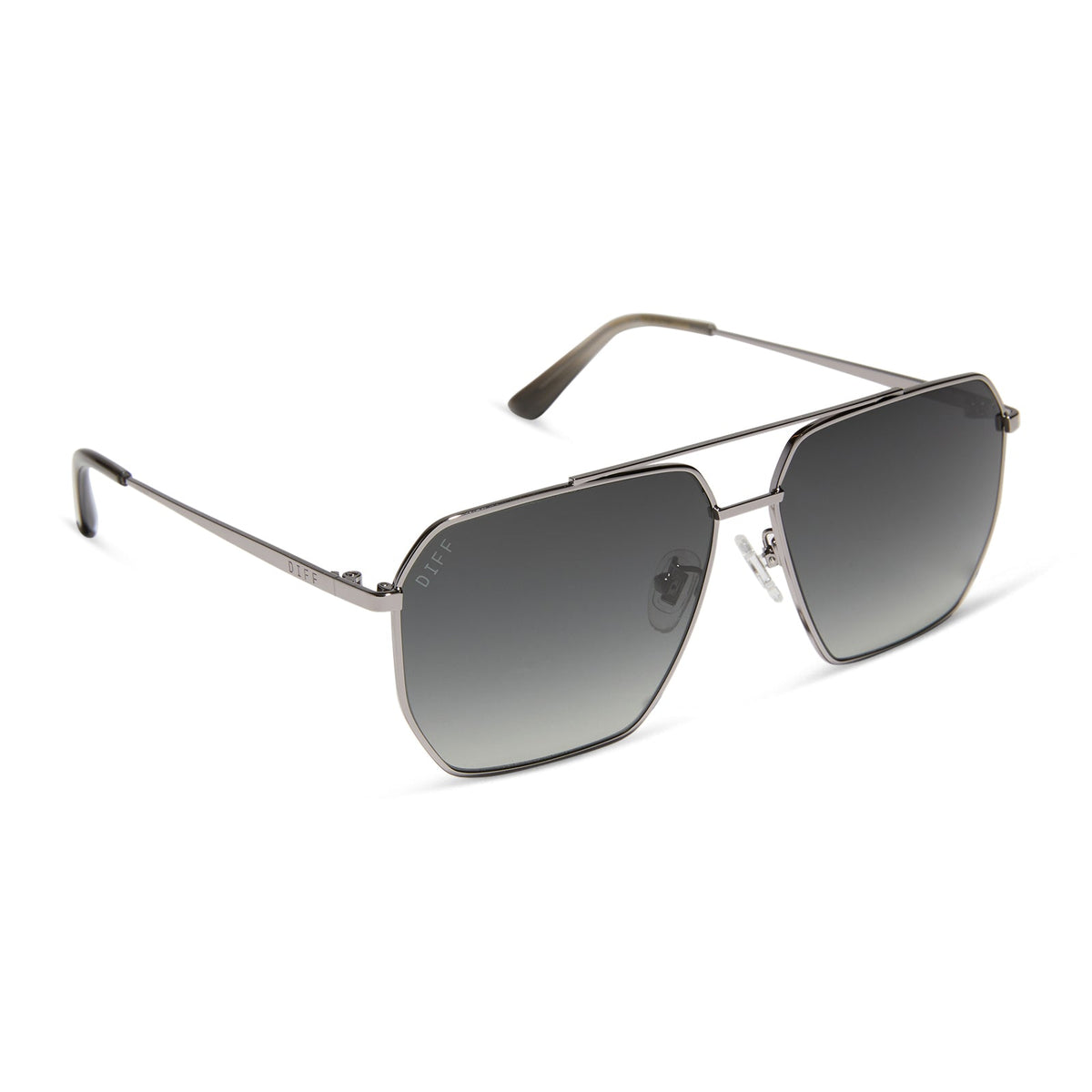 diff eyewear featuring the berkely navigator sunglasses with a gunmetal frame and grey gradient polarized lenses angled view