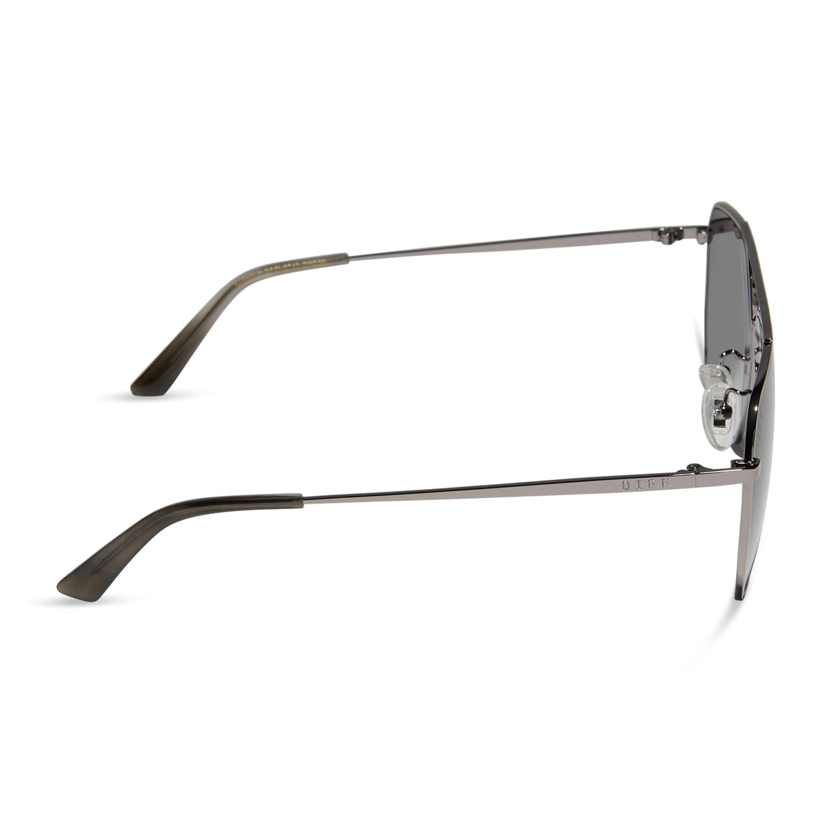 diff eyewear featuring the berkely navigator sunglasses with a gunmetal frame and grey gradient polarized lenses side view