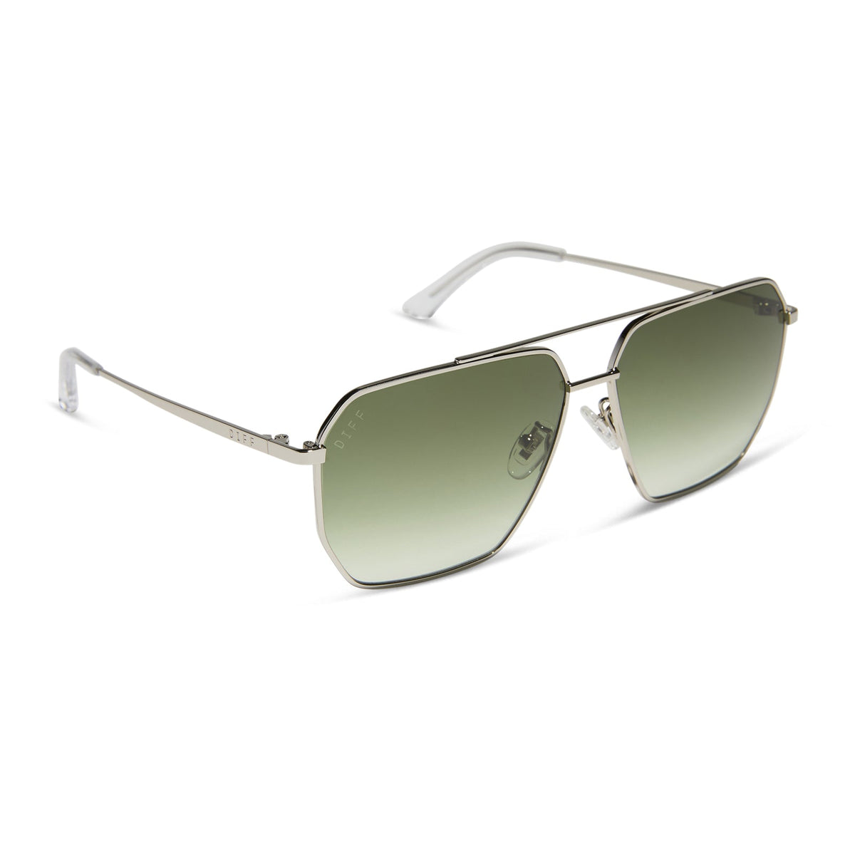diff eyewear featuring the berkely navigator sunglasses with a silver frame and cool matcha gradient lenses angled view