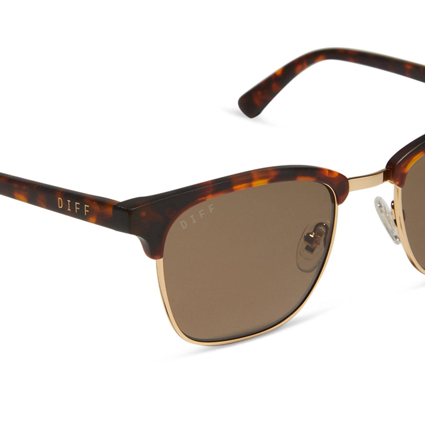 diff eyewear biarritz square sunglasses with a rich tortoise/gold frame and brown polarized lenses detailed view