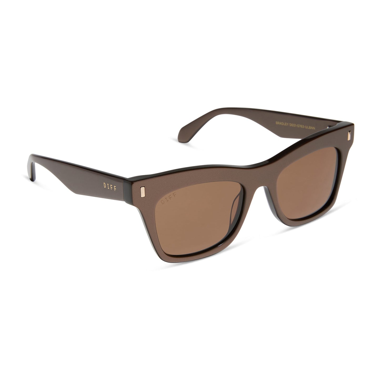 diff eyewear featuring the bradley cat eye sunglasses with a moscow mule frame and brown lenses angled view