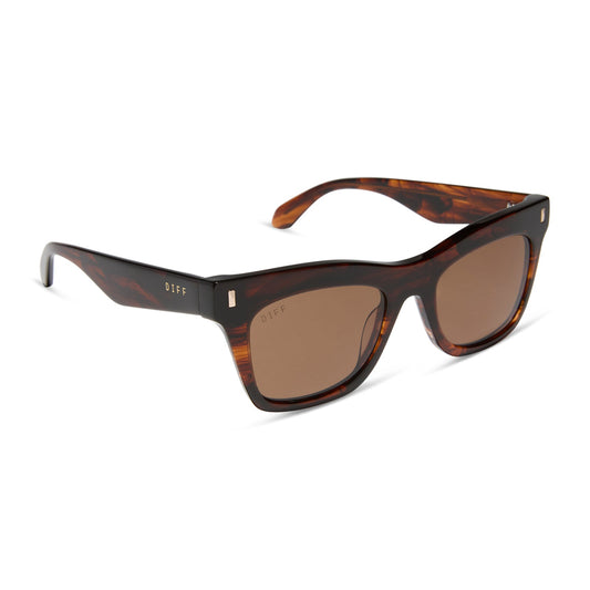 diff eyewear featuring the bradley cat eye sunglasses with a sequoia tortoise frame and brown lenses angled view