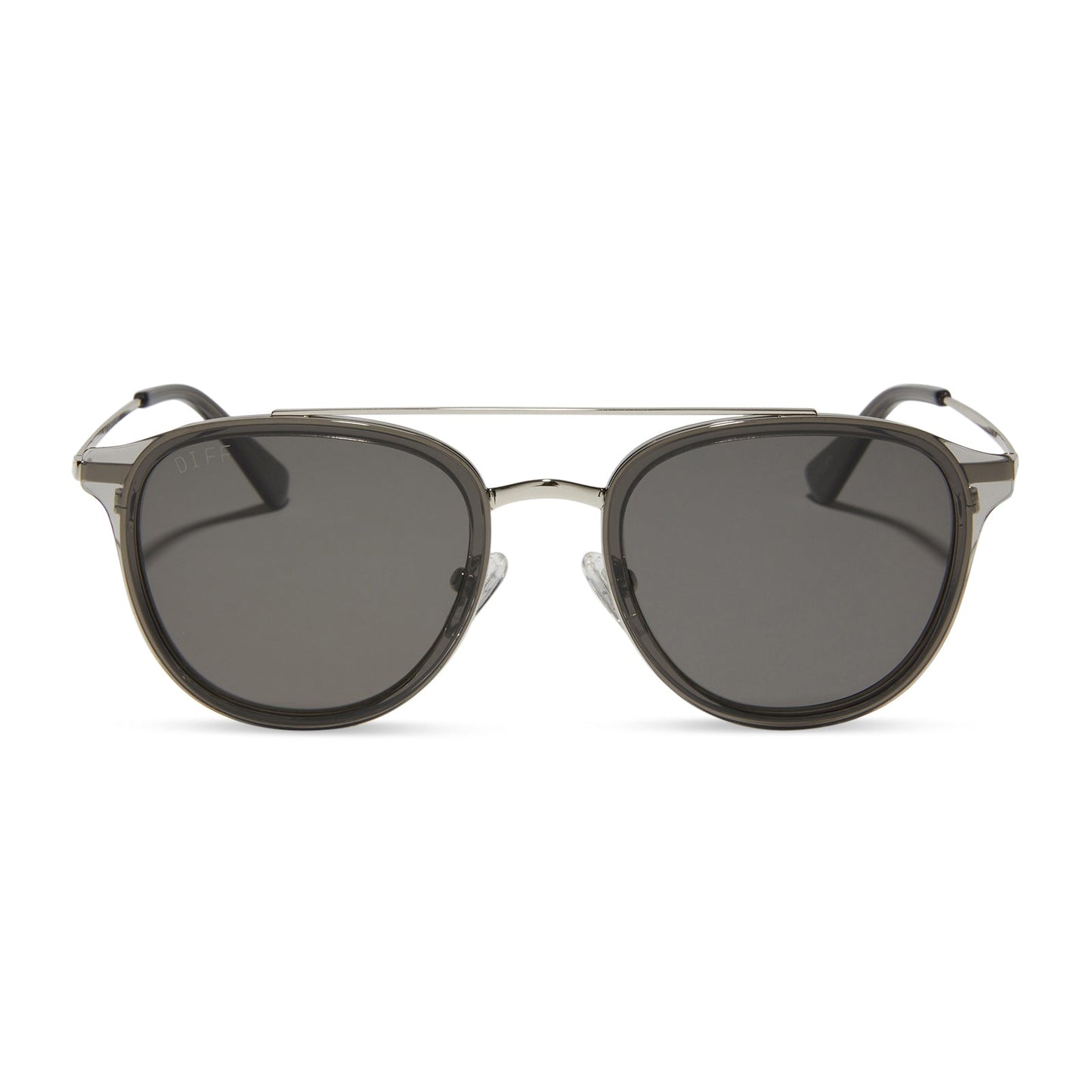 diff eyewear featuring the camden aviator sunglasses with a black smoke crystal frame and grey polarized lenses front view
