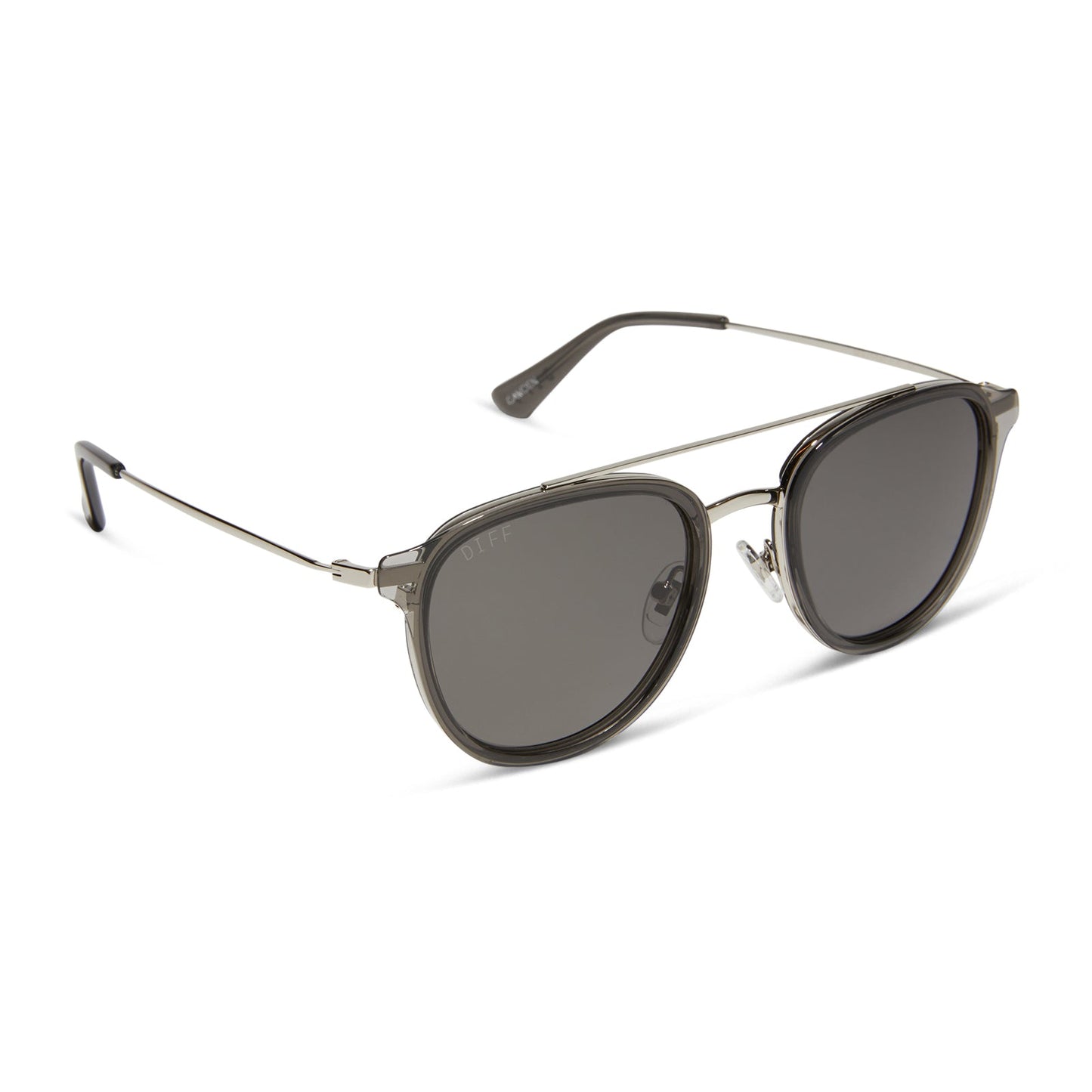 diff eyewear featuring the camden aviator sunglasses with a black smoke crystal frame and grey polarized lenses angled view