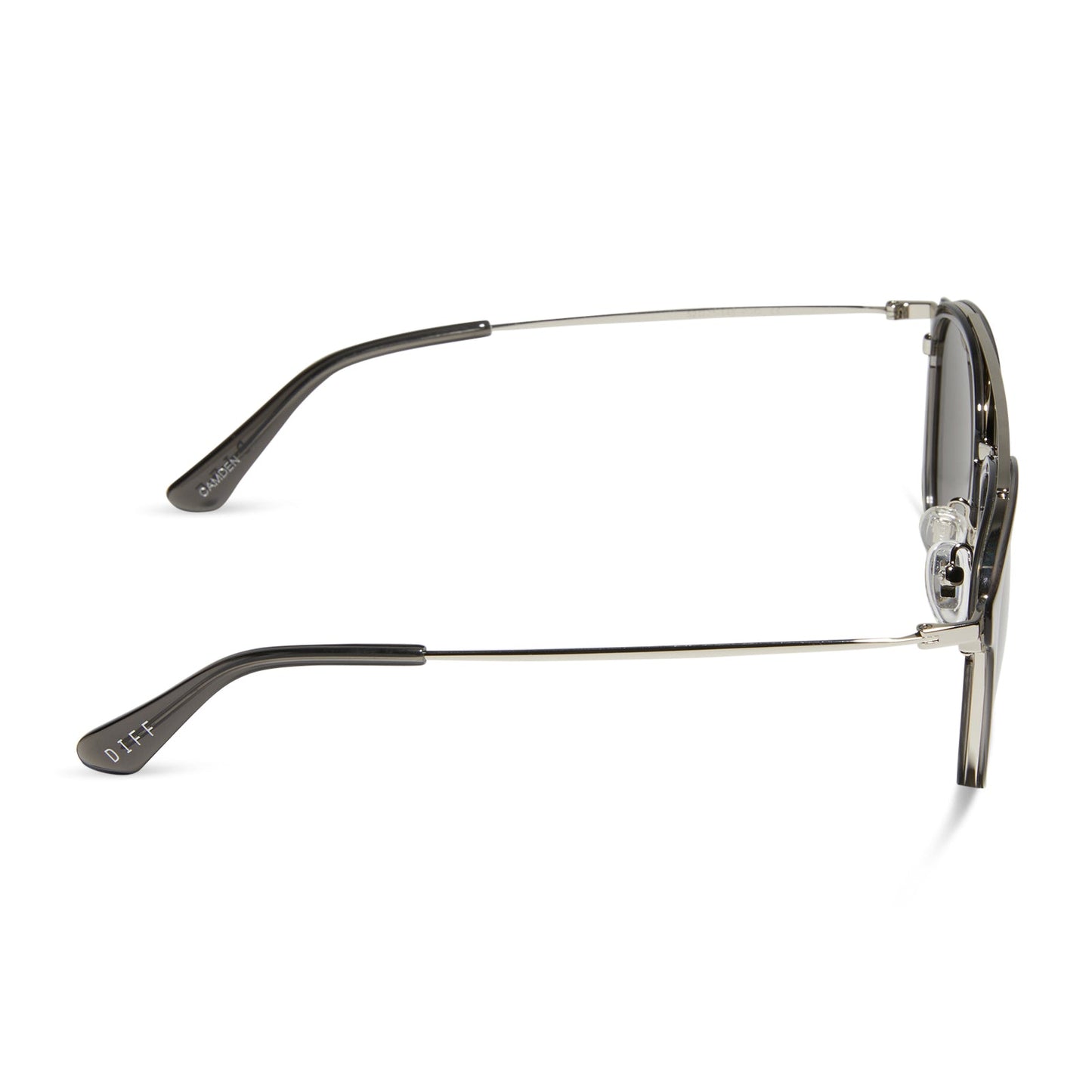 diff eyewear featuring the camden aviator sunglasses with a black smoke crystal frame and grey polarized lenses side view