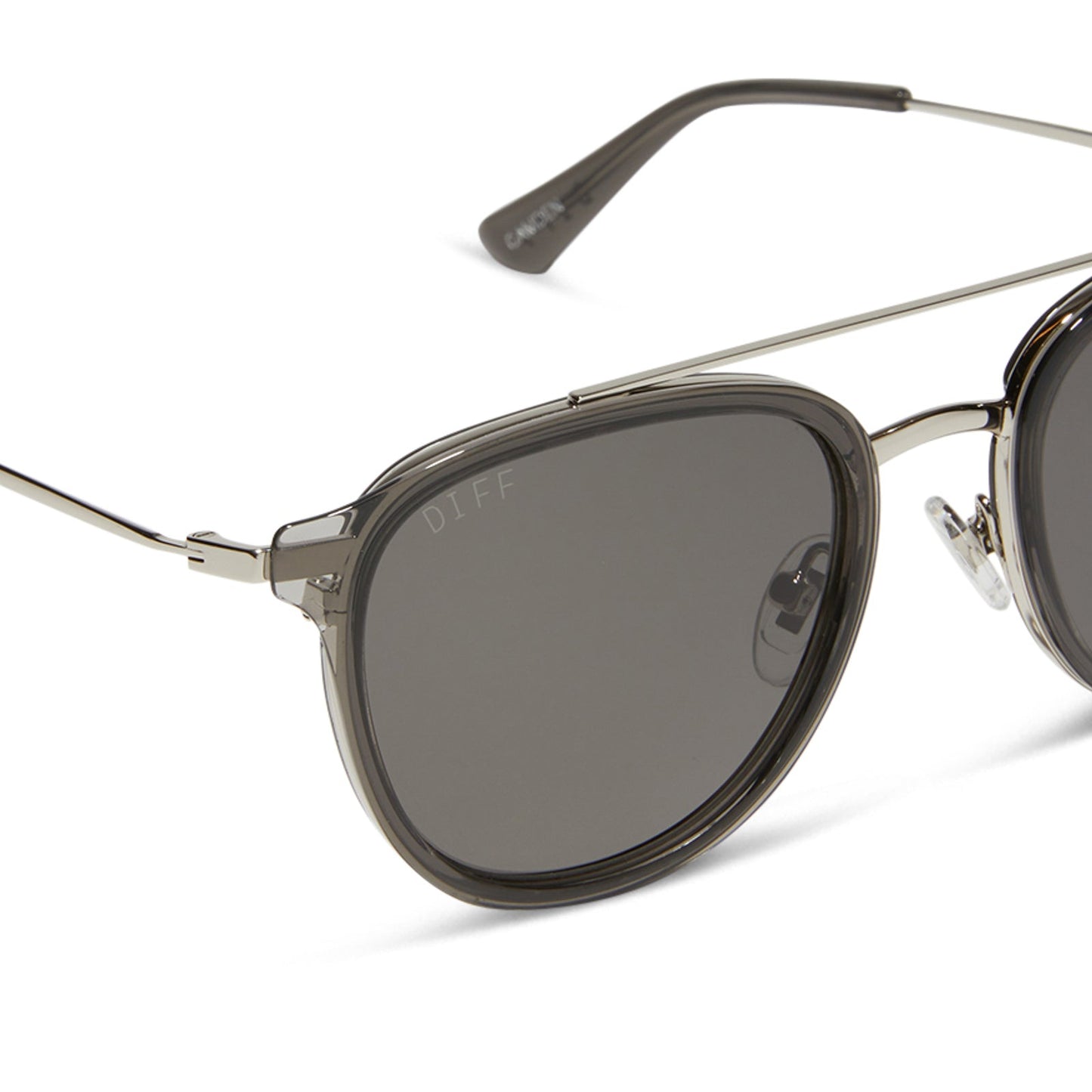 diff eyewear featuring the camden aviator sunglasses with a black smoke crystal frame and grey polarized lenses detailed view