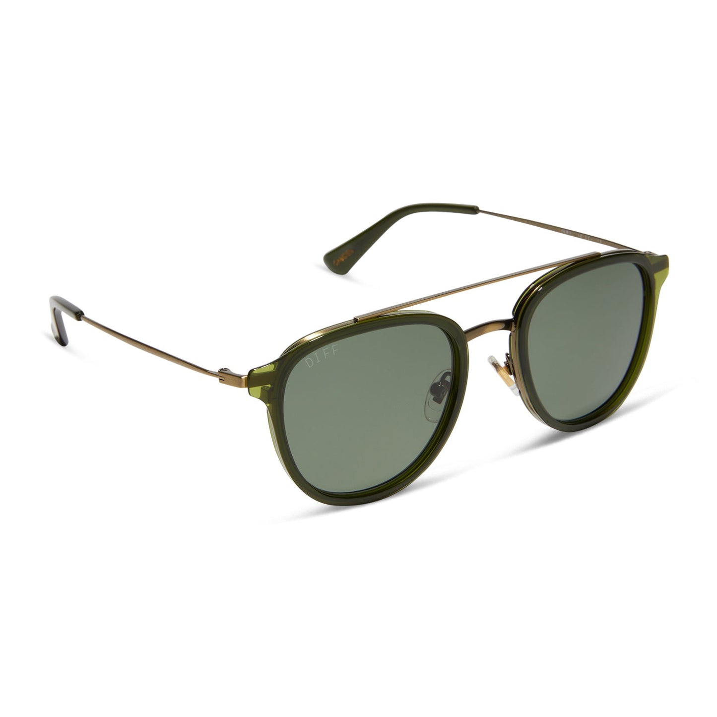 diff eyewear featuring the camden aviator sunglasses with a dark olive crystal frame and g15 polarized lenses angled view