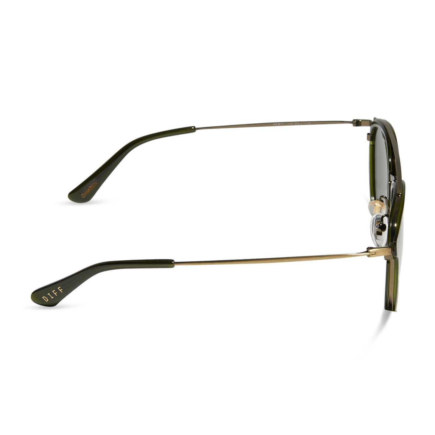 diff eyewear featuring the camden aviator sunglasses with a dark olive crystal frame and g15 polarized lenses side view