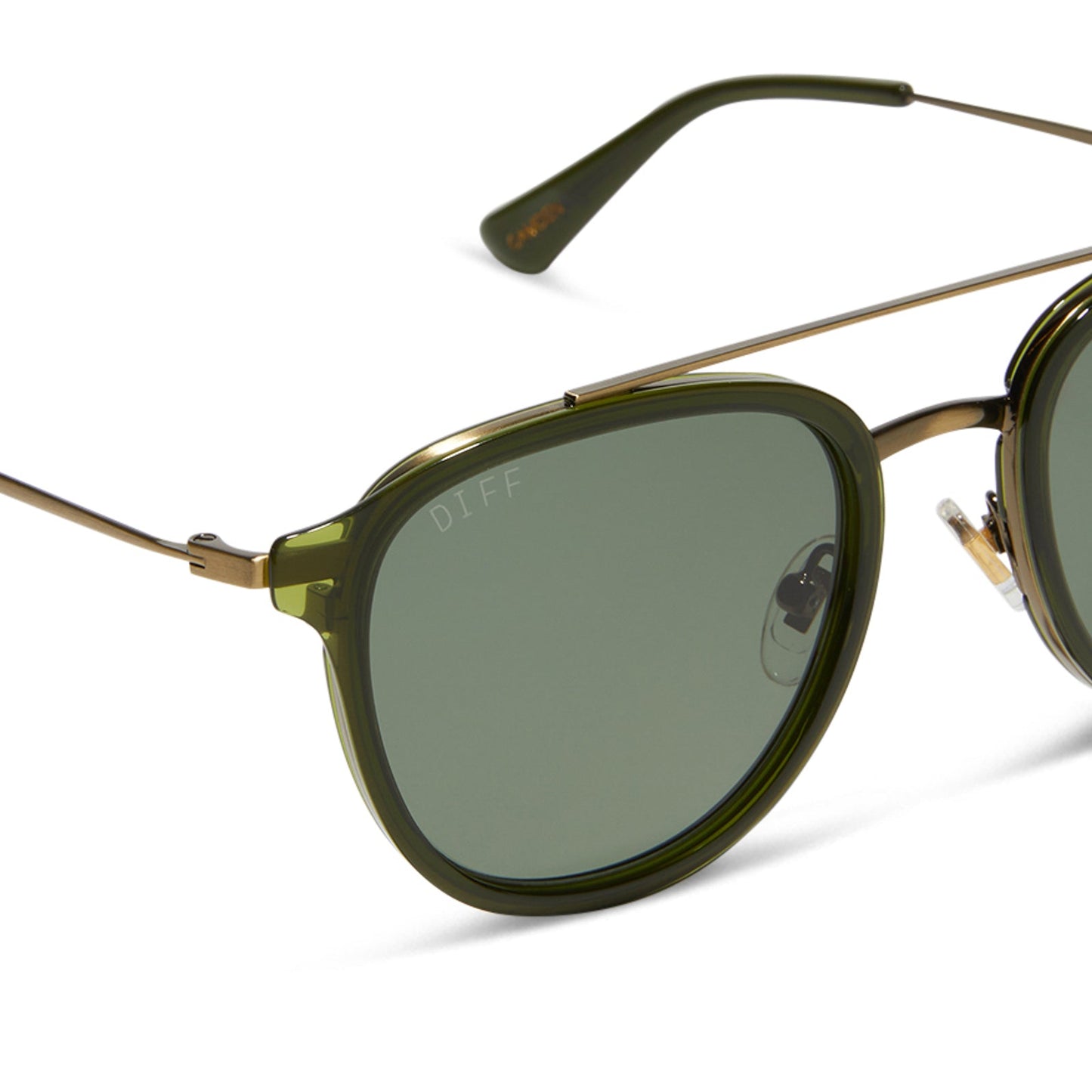 diff eyewear featuring the camden aviator sunglasses with a dark olive crystal frame and g15 polarized lenses detailed view