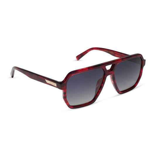 diff eyewear cameron navigator sunglasses with a rich red tortoise acetate frame and grey gradient polarized lenses angled view