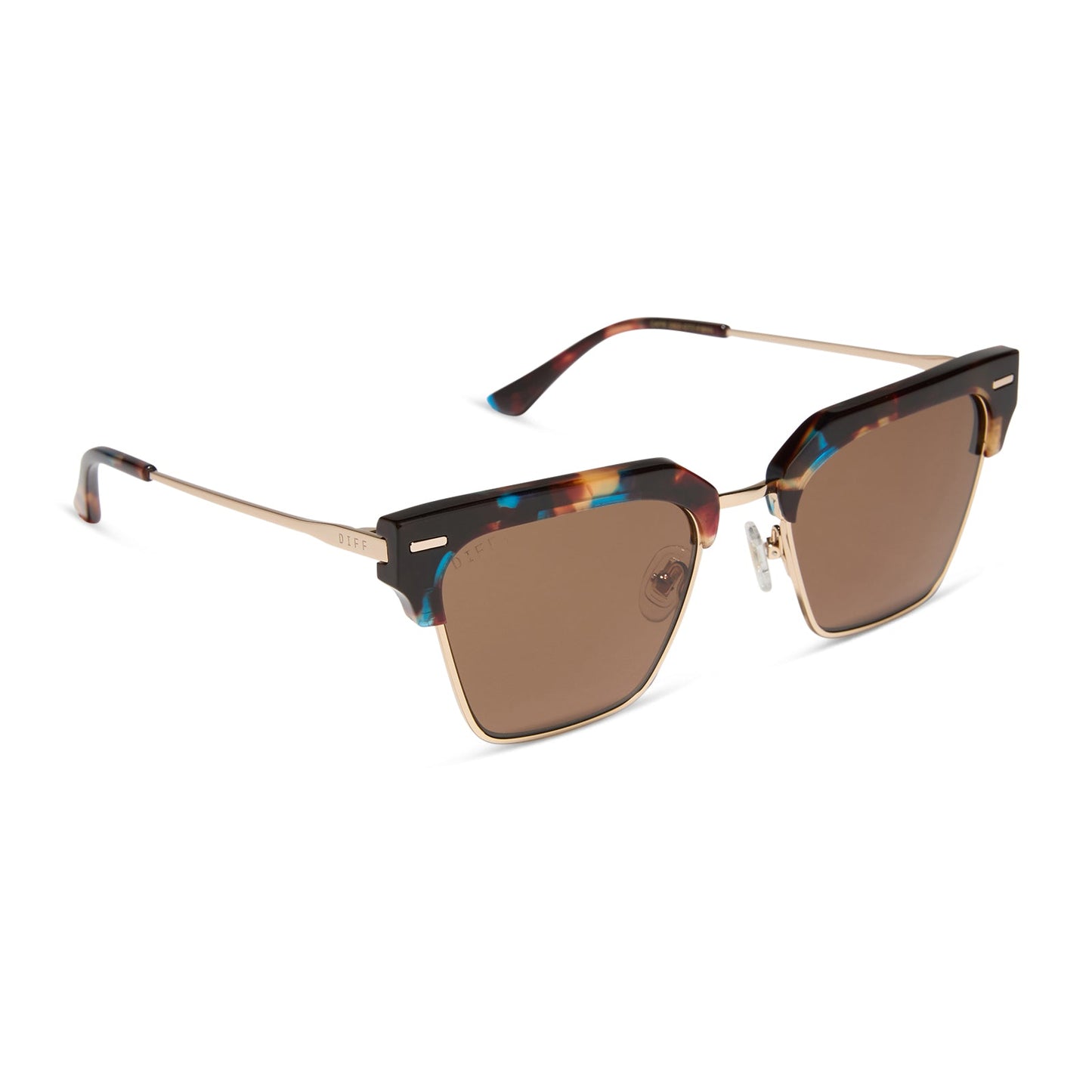 diff eyewear featuring the capri rectangle sunglasses with a confetti tortoise frame and brown lenses angled view
