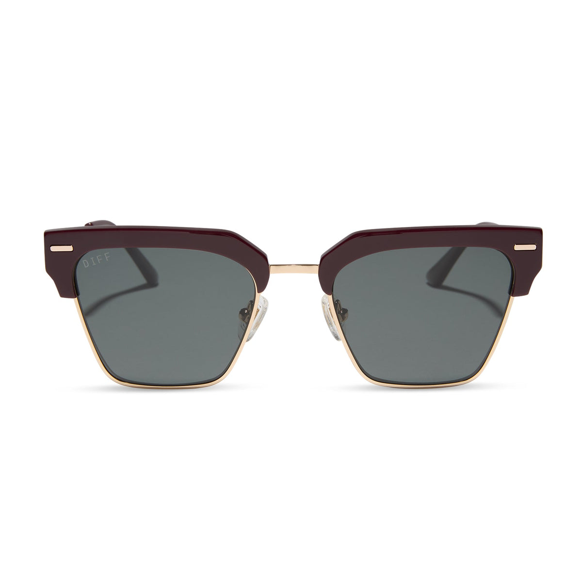 diff eyewear featuring the capri rectangle sunglasses with a dark cherry lacquer frame and grey polarized lenses front view