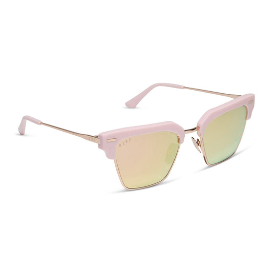diff eyewear featuring the capri rectangle sunglasses with a powder pink with champagne frame and brown gradient lenses angled view
