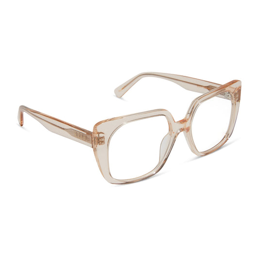 diff eyewear featuring the cecilia square glasses with a vintage rose crystal frame and prescription lenses angled view