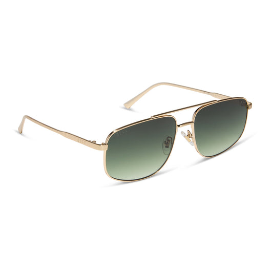 diff eyewear featuring the charley navigator sunglasses with a brushed gold metal frame and aloe green gradient lenses angled view