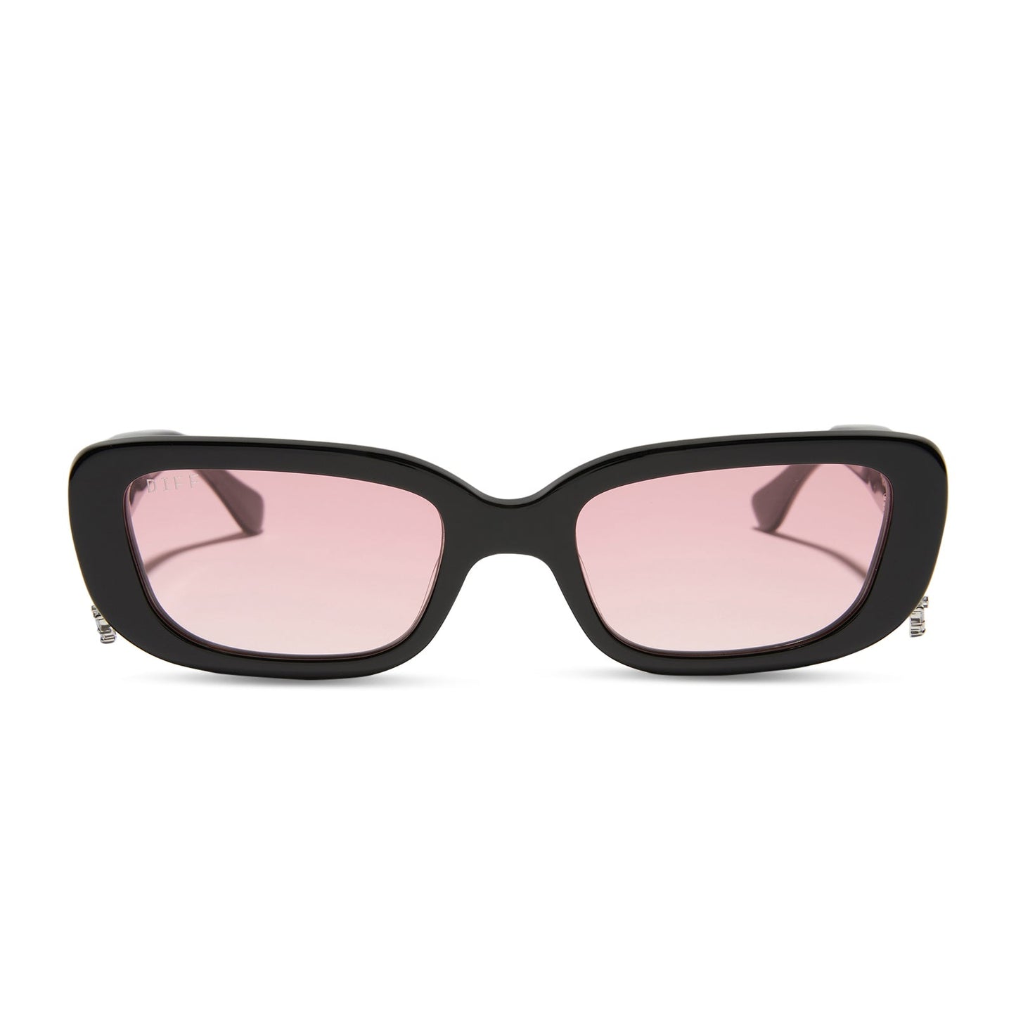 clueless x diff eyewear featuring the cher round sunglasses with a black frame and pink gradient lenses front view