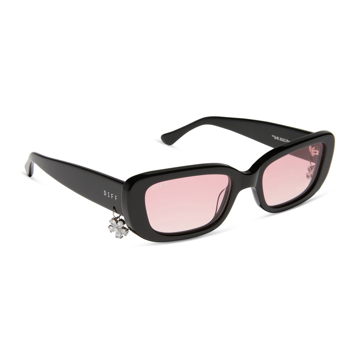 clueless x diff eyewear featuring the cher round sunglasses with a black frame and pink gradient lenses angled view