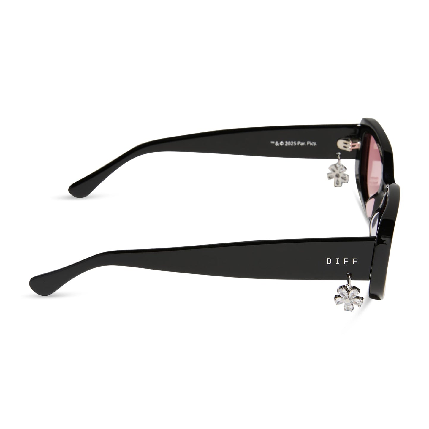 clueless x diff eyewear featuring the cher round sunglasses with a black frame and pink gradient lenses side view