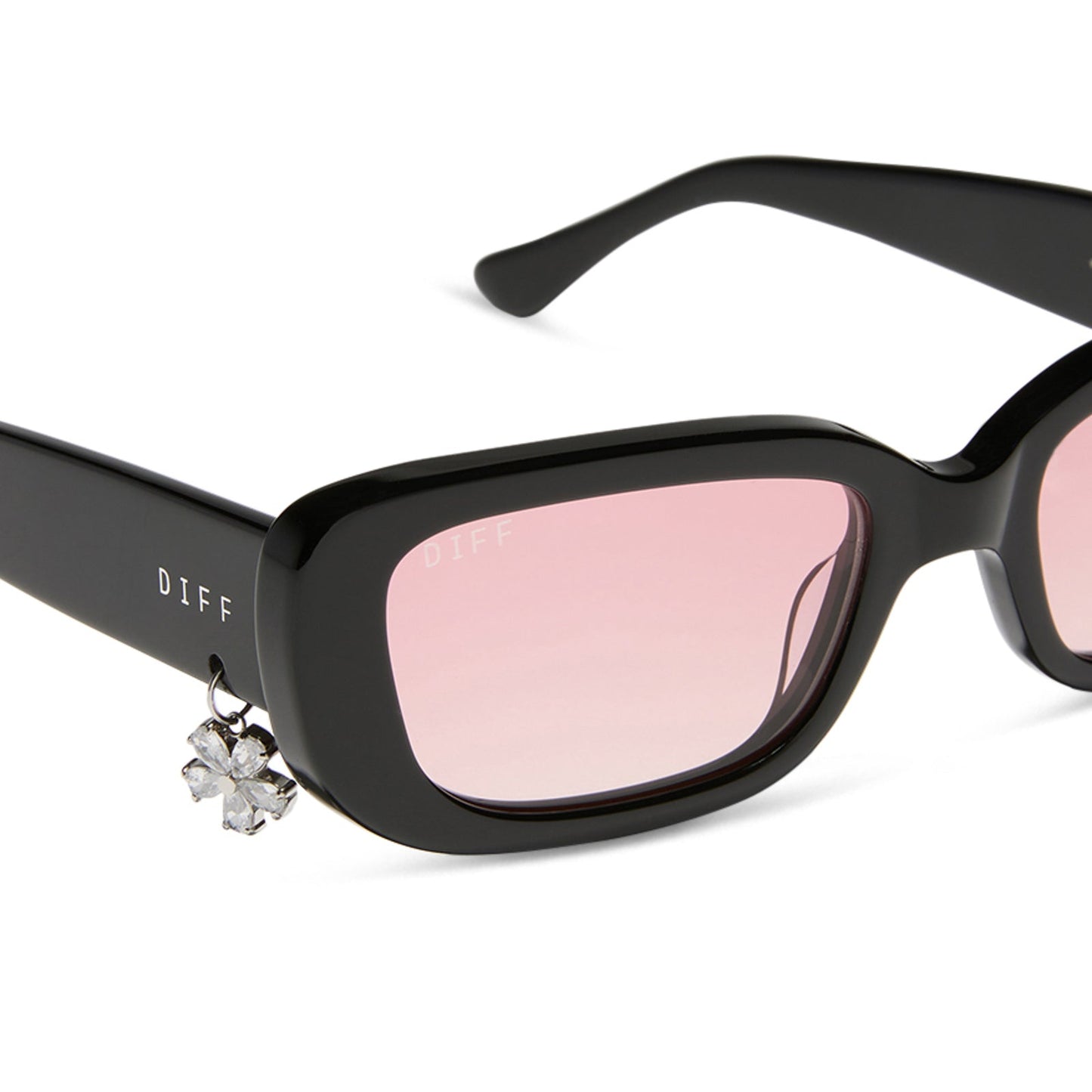 clueless x diff eyewear featuring the cher round sunglasses with a black frame and pink gradient lenses detailed view