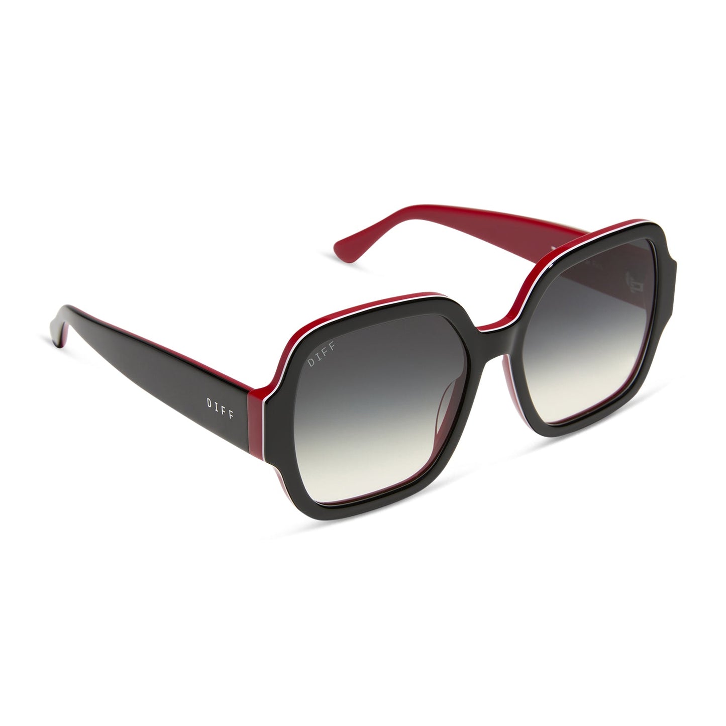 clueless x diff eyewear featuring the dionne square sunglasses with a black frame and grey gradient lenses angled view