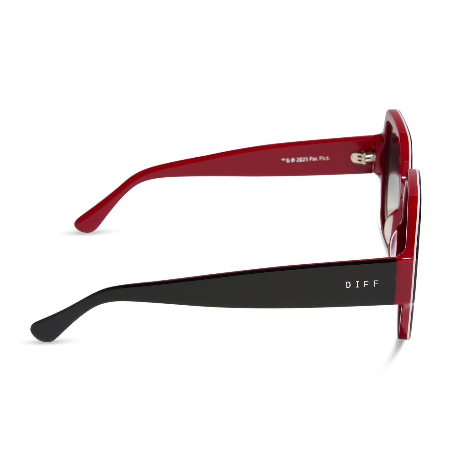clueless x diff eyewear featuring the dionne square sunglasses with a black frame and grey gradient lenses side view