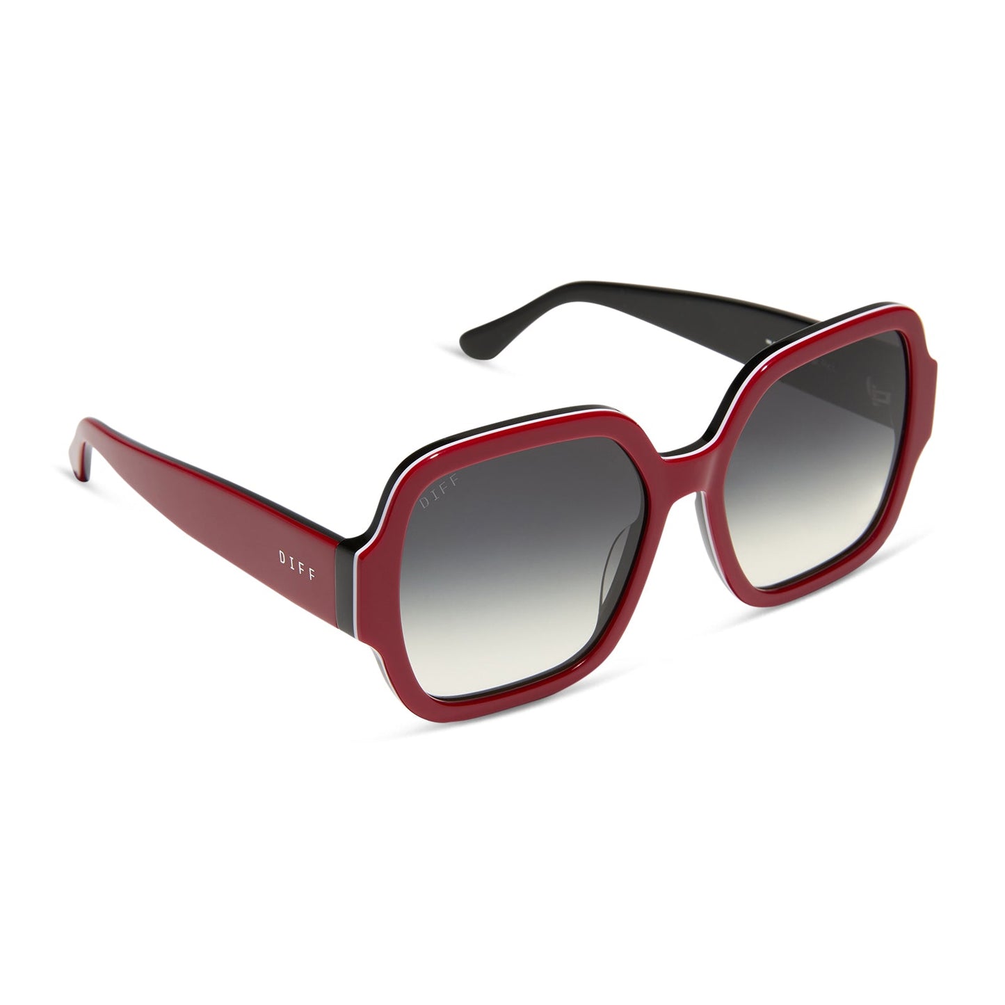 clueless x diff eyewear featuring the dionne square sunglasses with a red frame and grey gradient lenses angled view