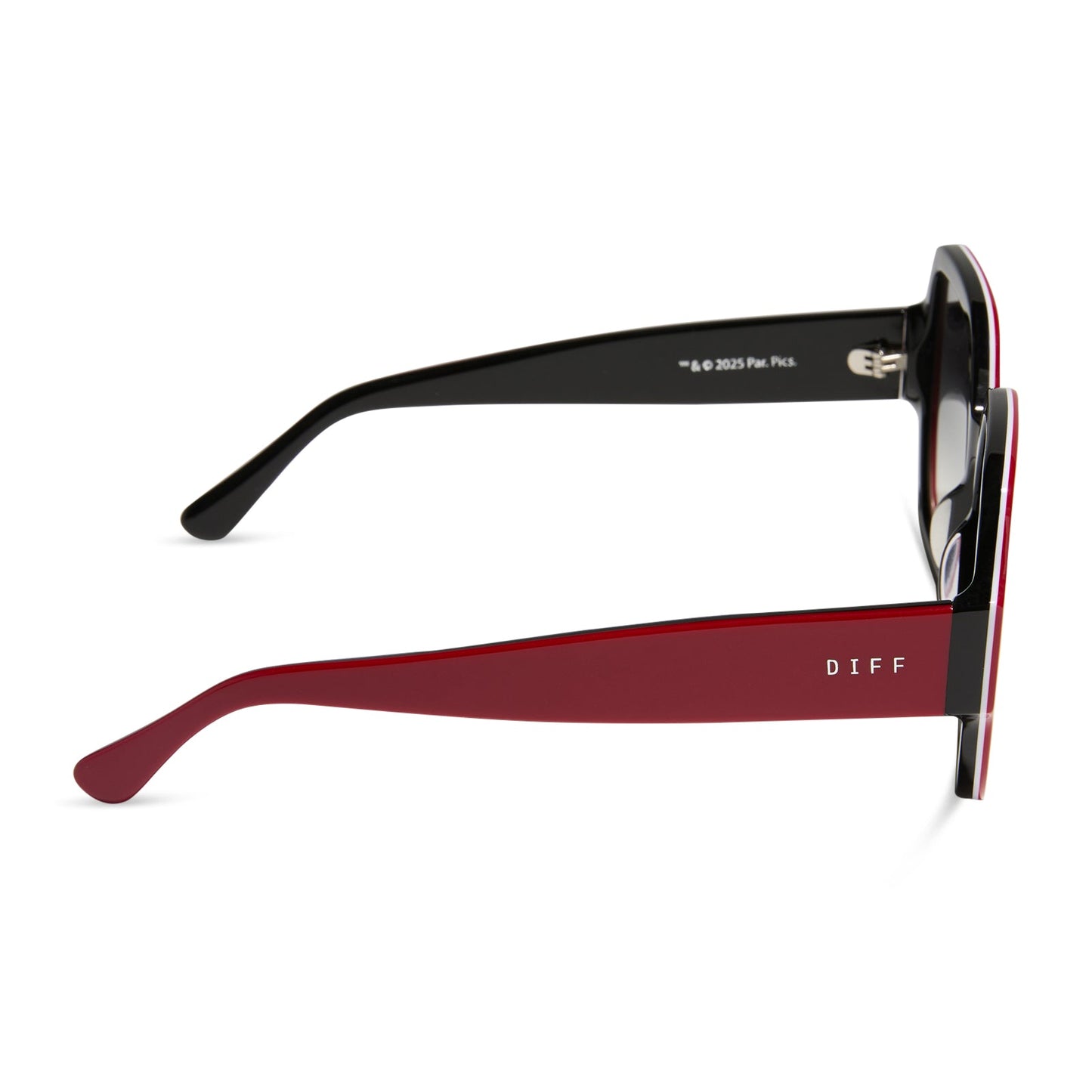 clueless x diff eyewear featuring the dionne square sunglasses with a red frame and grey gradient lenses side view