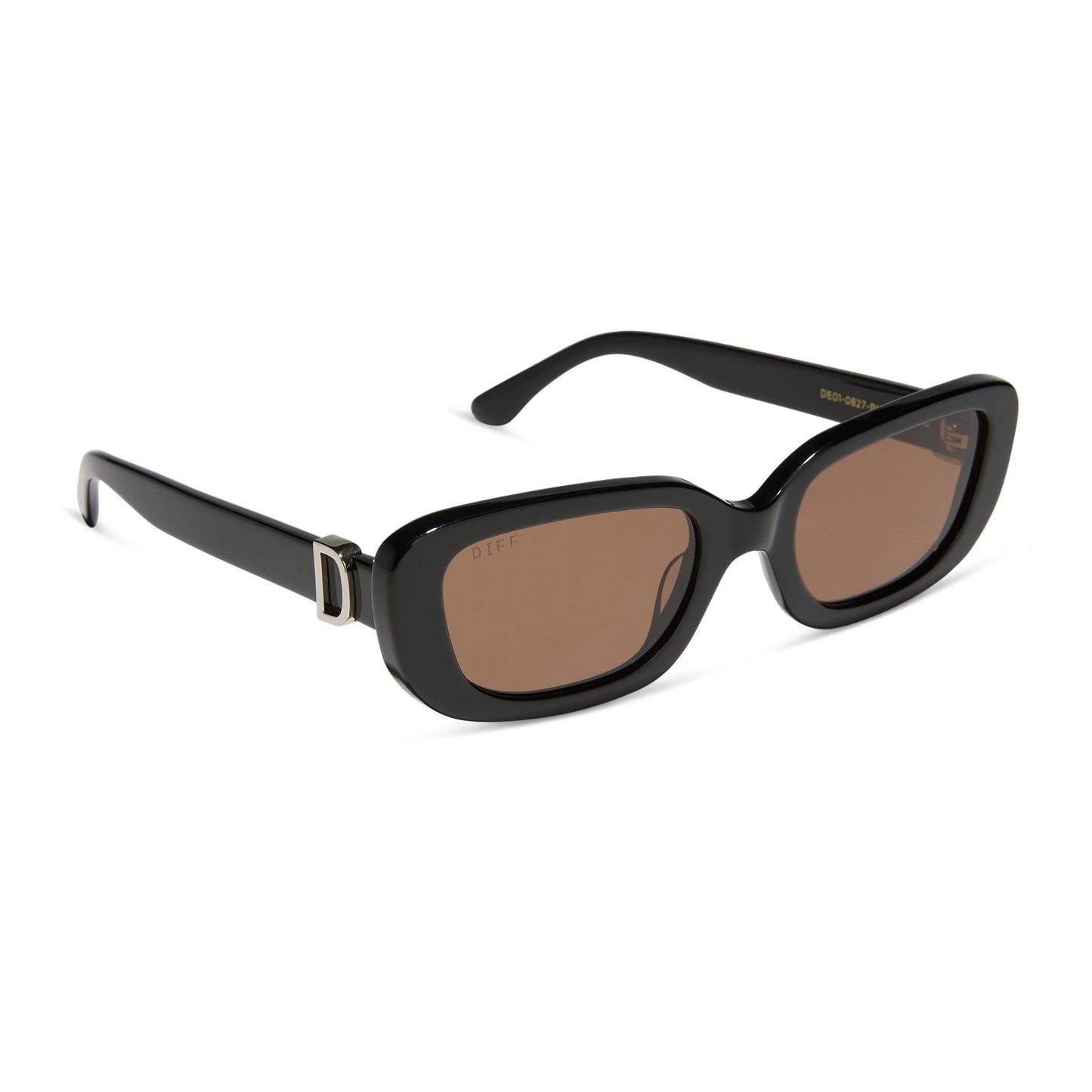 diff eyewear featuring the daphne rectangle sunglasses with a black with silver metal frame and brown lenses angled view