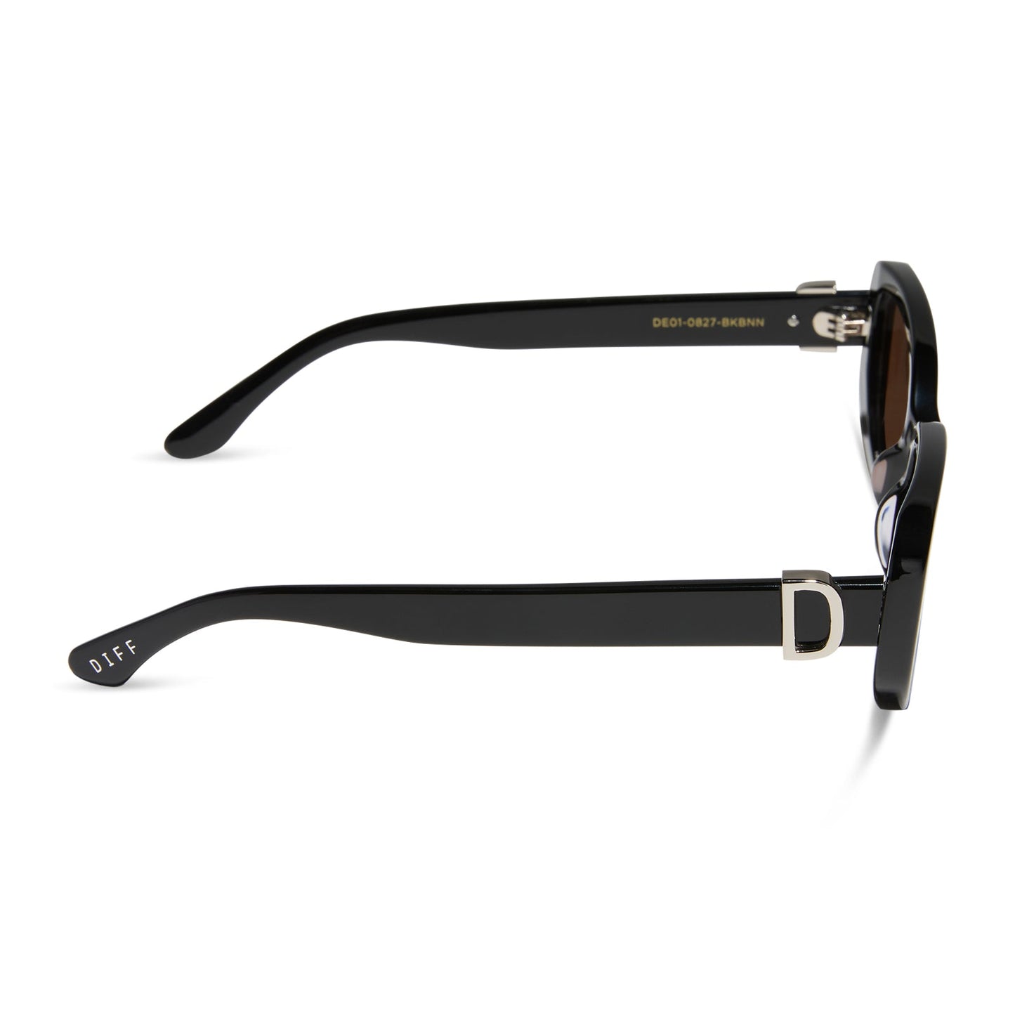 diff eyewear featuring the daphne rectangle sunglasses with a black with silver metal frame and brown lenses side view