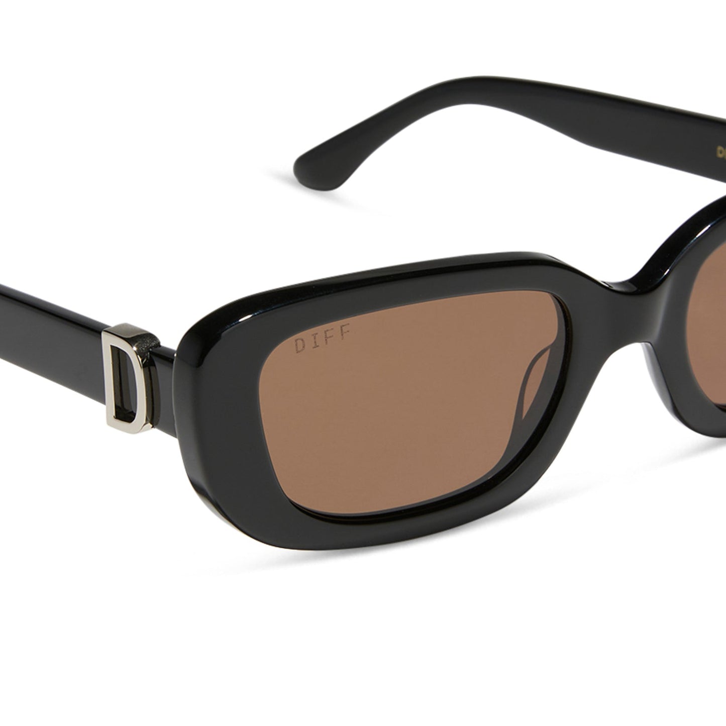 diff eyewear featuring the daphne rectangle sunglasses with a black with silver metal frame and brown lenses detailed view