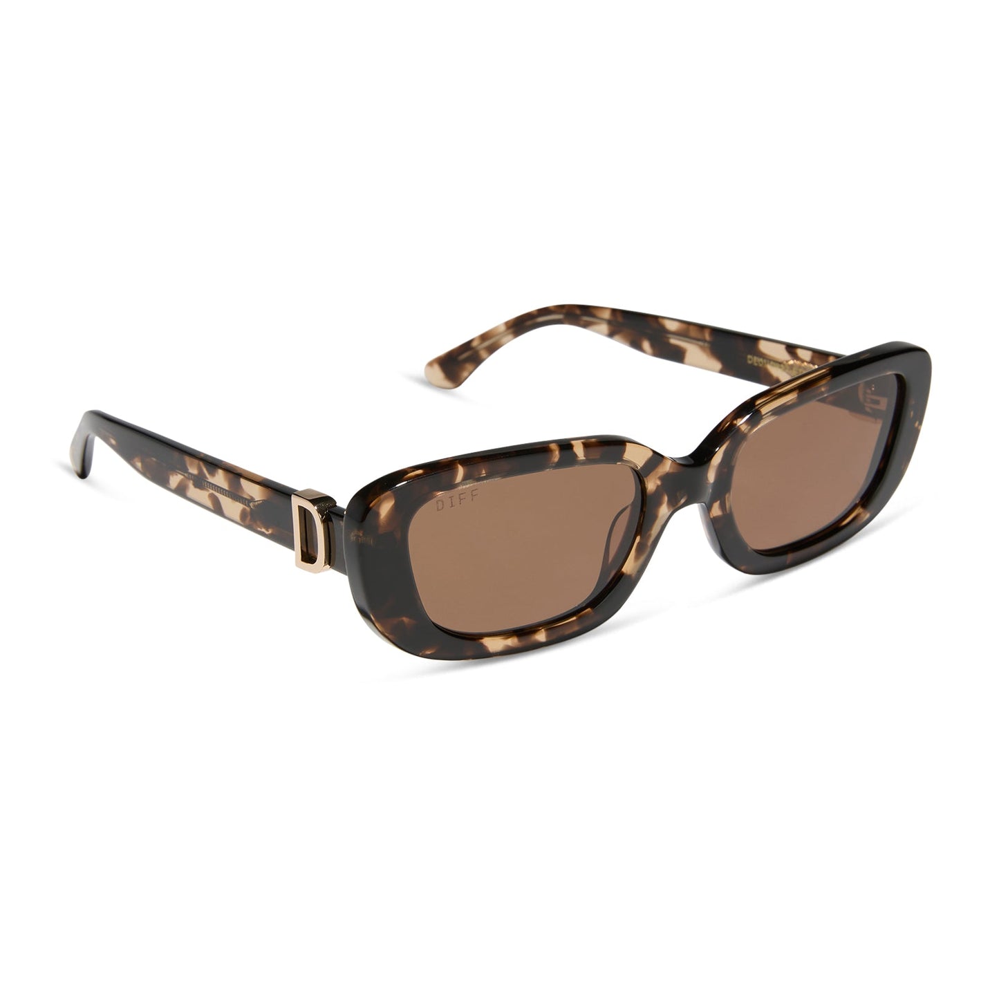 diff eyewear featuring the daphne rectangle sunglasses with a espresso tortoise + metal frame and brown polarized lenses angled view