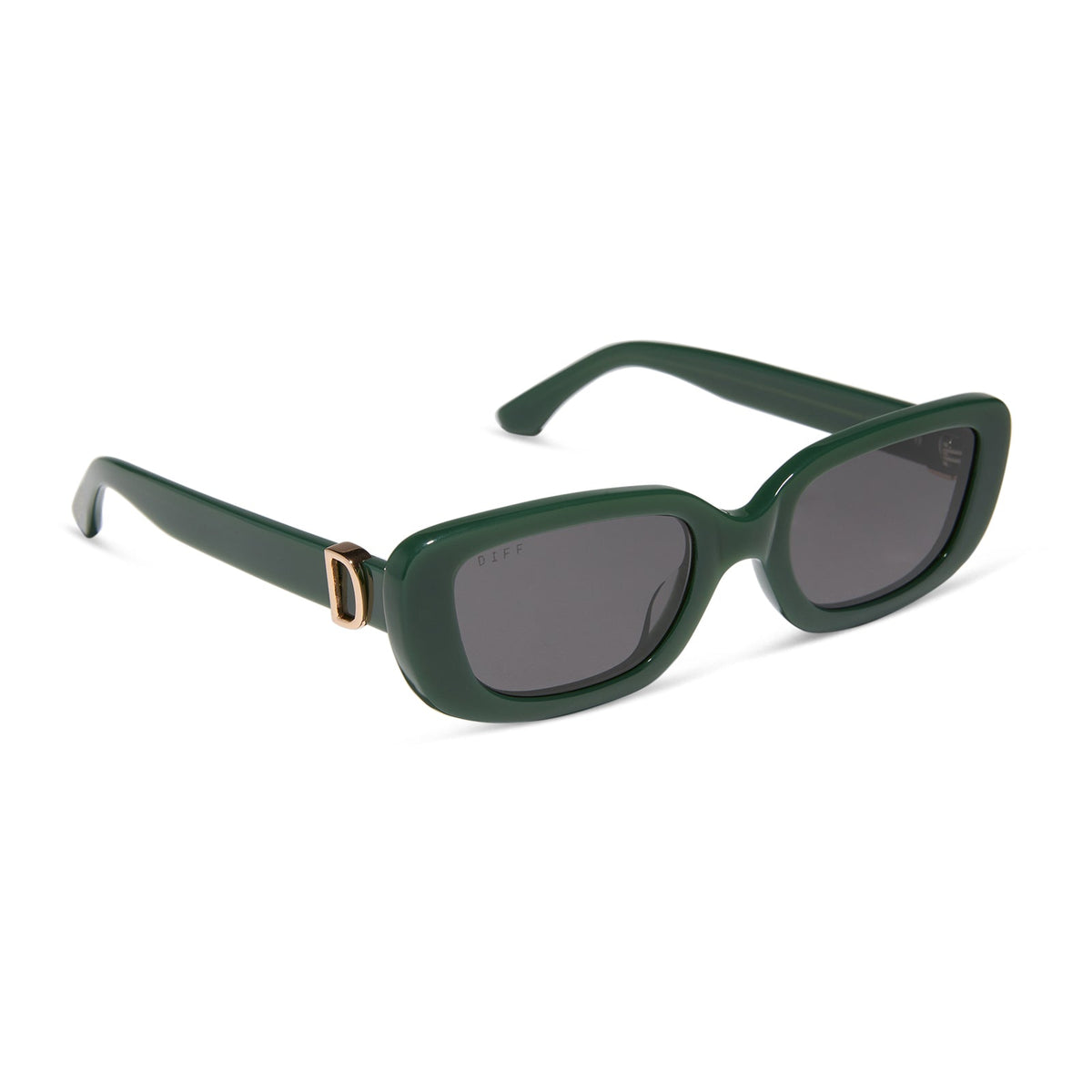 diff eyewear featuring the daphne rectangle sunglasses with a fairway green acetate frame and grey lenses angled view