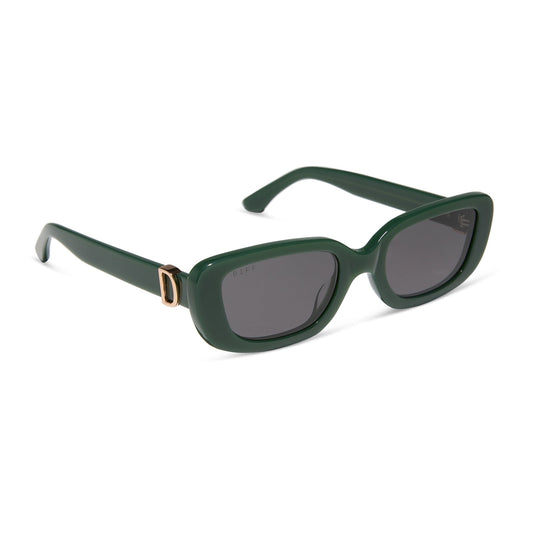 diff eyewear featuring the daphne rectangle sunglasses with a fairway green acetate frame and grey lenses angled view