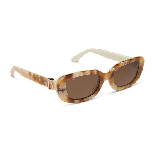 diff eyewear featuring the daphne rectangle sunglasses with a gilded tortoise outside and courtside ivory white inside acetate frame and brown polarized lenses angled view