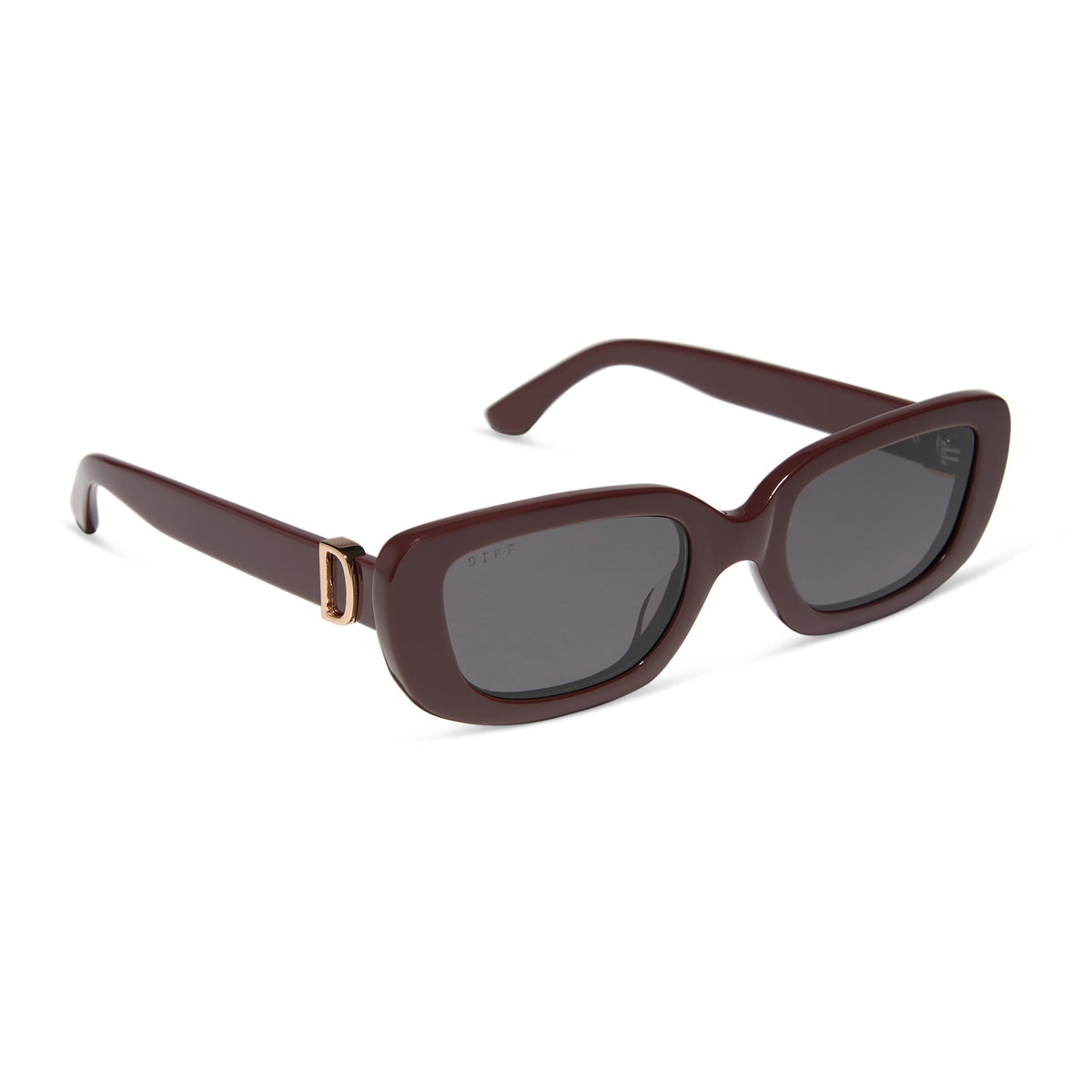 diff eyewear featuring the daphne rectangle sunglasses with a rugby red acetate frame and grey polarized lenses angled view