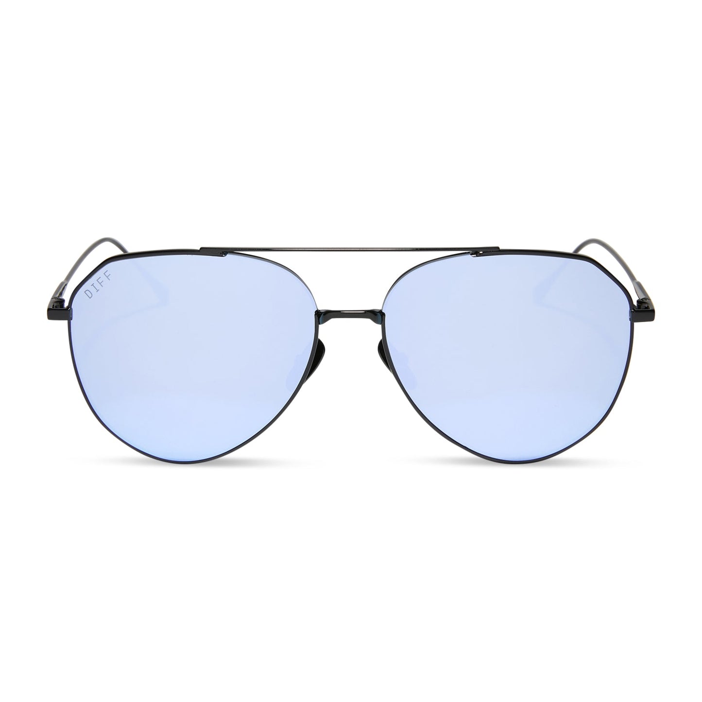diff eyewear featuring the dash aviator sunglasses with a black frame and lavender mirror lenses front view